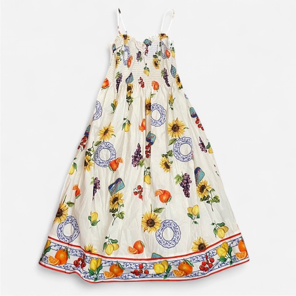 H&M Smocked Bodice Icon Fruit Floral Print Midi Dress Size Large - Picture 3 of 6